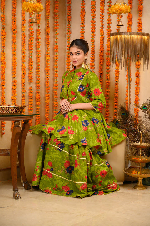 MEHNDI GREEN<br>PEPLUM SHORT KURTA & GHARARA CO-ORD SET