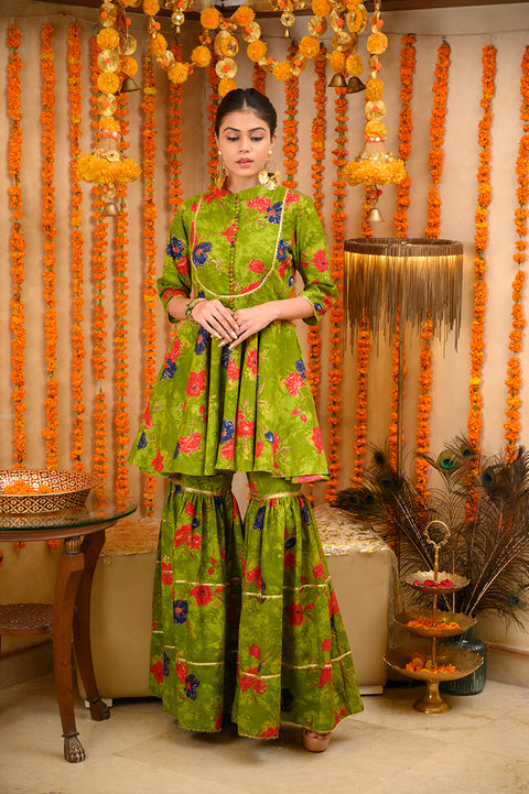 MEHNDI YELLOW<br>PEPLUM SHORT KURTA & GHARARA CO-ORD SET